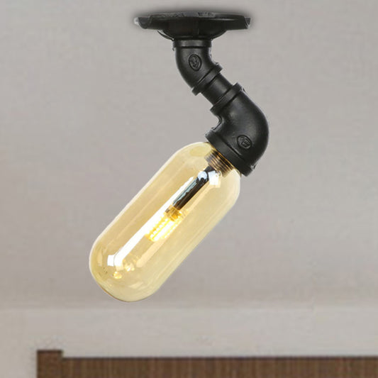 Black Capsule Shade Semi Flush Mount Light Industrial Amber Glass 1 Light Indoor Ceiling Lighting Fixture with Pipe Design Clearhalo 'Ceiling Lights' 'Close To Ceiling Lights' 'Close to ceiling' 'Semi-flushmount' Lighting' 207098