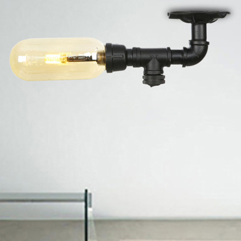 Black Capsule Shade Semi Flush Mount Light Industrial Amber Glass 1 Light Indoor Ceiling Lighting Fixture with Pipe Design Clearhalo 'Ceiling Lights' 'Close To Ceiling Lights' 'Close to ceiling' 'Semi-flushmount' Lighting' 207099