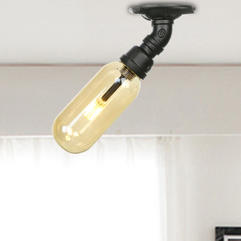 Black Capsule Shade Semi Flush Mount Light Industrial Amber Glass 1 Light Indoor Ceiling Lighting Fixture with Pipe Design Clearhalo 'Ceiling Lights' 'Close To Ceiling Lights' 'Close to ceiling' 'Semi-flushmount' Lighting' 207100