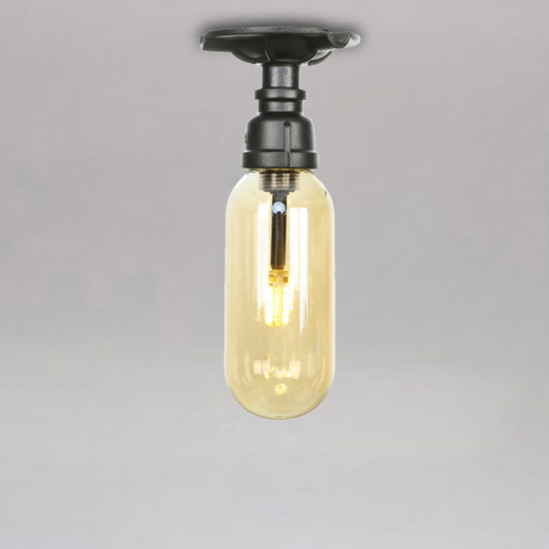 1 Light Capsuled Shade Semi Flush Light Industrial Black Amber Glass Ceiling Mount with Pipe Design Black A Clearhalo 'Ceiling Lights' 'Close To Ceiling Lights' 'Close to ceiling' 'Semi-flushmount' Lighting' 207101