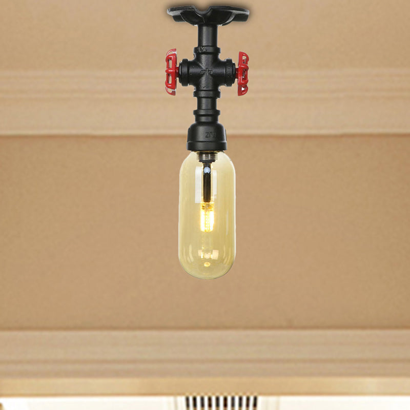 1 Light Capsuled Shade Semi Flush Light Industrial Black Amber Glass Ceiling Mount with Pipe Design Clearhalo 'Ceiling Lights' 'Close To Ceiling Lights' 'Close to ceiling' 'Semi-flushmount' Lighting' 207102