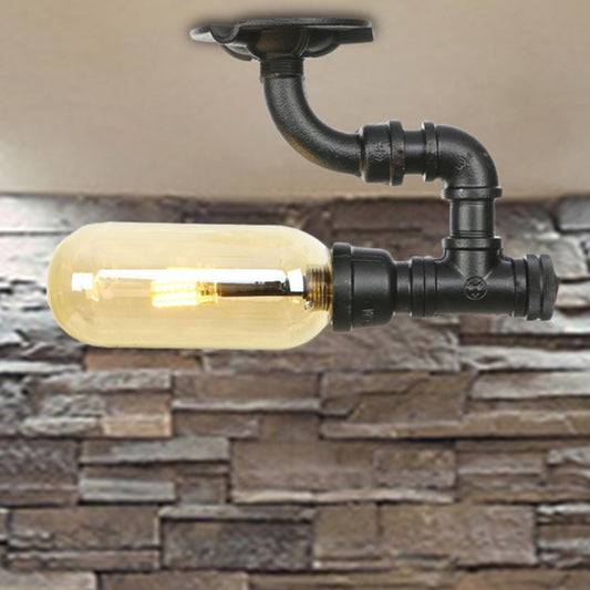 1 Light Capsuled Shade Semi Flush Light Industrial Black Amber Glass Ceiling Mount with Pipe Design Black C Clearhalo 'Ceiling Lights' 'Close To Ceiling Lights' 'Close to ceiling' 'Semi-flushmount' Lighting' 207104
