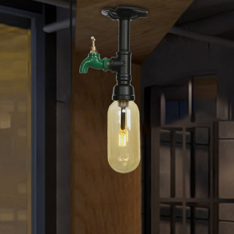 1 Light Capsuled Shade Semi Flush Light Industrial Black Amber Glass Ceiling Mount with Pipe Design Clearhalo 'Ceiling Lights' 'Close To Ceiling Lights' 'Close to ceiling' 'Semi-flushmount' Lighting' 207105