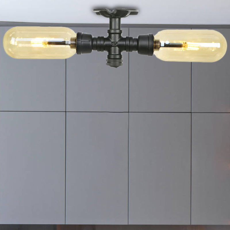 Oval Shade Amber Glass Semi Mount Lighting Rustic Style 2 Bulbs Dining Room Ceiling Light in Matte Black with Pipe Design Black D Clearhalo 'Ceiling Lights' 'Close To Ceiling Lights' 'Close to ceiling' 'Semi-flushmount' Lighting' 207106