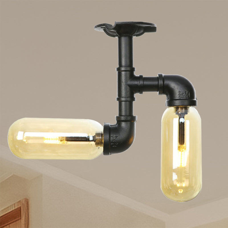 Oval Shade Amber Glass Semi Mount Lighting Rustic Style 2 Bulbs Dining Room Ceiling Light in Matte Black with Pipe Design Clearhalo 'Ceiling Lights' 'Close To Ceiling Lights' 'Close to ceiling' 'Semi-flushmount' Lighting' 207108