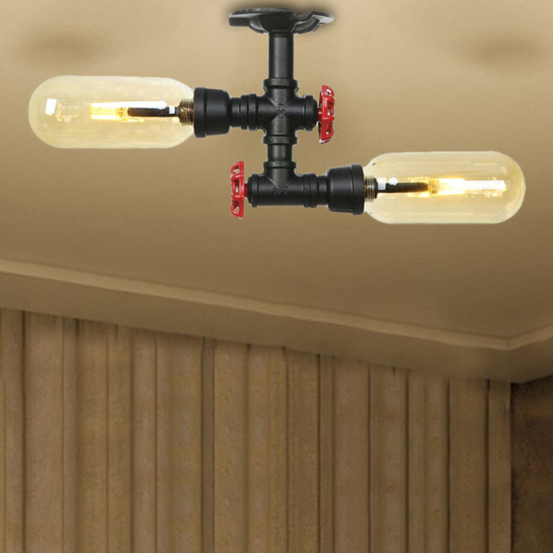 Oval Shade Amber Glass Semi Mount Lighting Rustic Style 2 Bulbs Dining Room Ceiling Light in Matte Black with Pipe Design Clearhalo 'Ceiling Lights' 'Close To Ceiling Lights' 'Close to ceiling' 'Semi-flushmount' Lighting' 207109