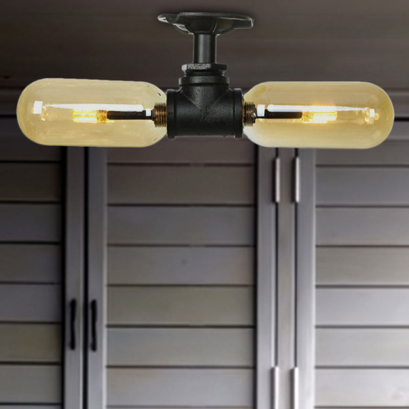 Oval Shade Amber Glass Semi Mount Lighting Rustic Style 2 Bulbs Dining Room Ceiling Light in Matte Black with Pipe Design Clearhalo 'Ceiling Lights' 'Close To Ceiling Lights' 'Close to ceiling' 'Semi-flushmount' Lighting' 207110