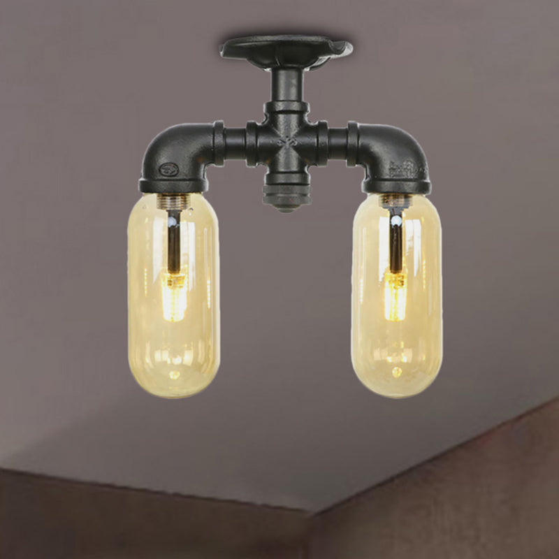 2-Bulb Ceiling Lighting Industrial Capsule Amber Glass Semi Flush Mount Light in Matte Black with Pipe Design Black A Clearhalo 'Ceiling Lights' 'Close To Ceiling Lights' 'Close to ceiling' 'Semi-flushmount' Lighting' 207126