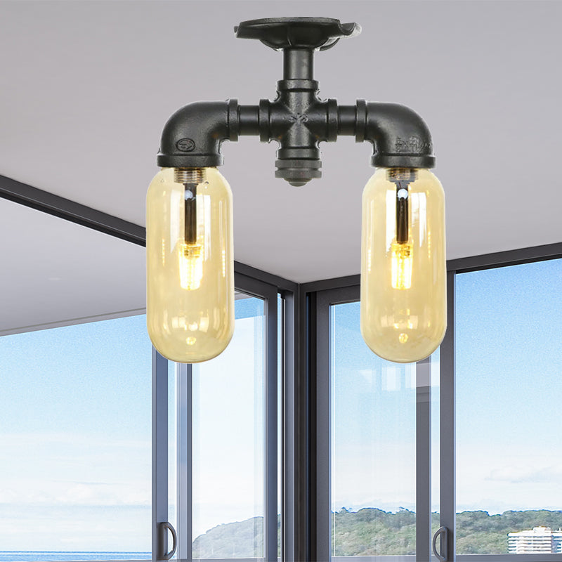 2-Bulb Ceiling Lighting Industrial Capsule Amber Glass Semi Flush Mount Light in Matte Black with Pipe Design Clearhalo 'Ceiling Lights' 'Close To Ceiling Lights' 'Close to ceiling' 'Semi-flushmount' Lighting' 207127