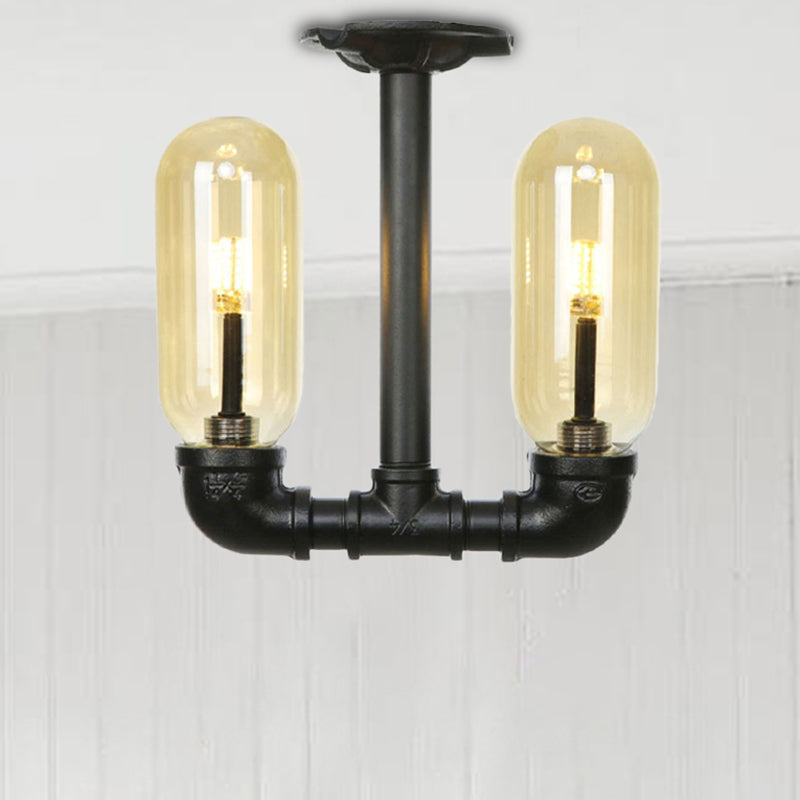 2-Bulb Ceiling Lighting Industrial Capsule Amber Glass Semi Flush Mount Light in Matte Black with Pipe Design Clearhalo 'Ceiling Lights' 'Close To Ceiling Lights' 'Close to ceiling' 'Semi-flushmount' Lighting' 207128