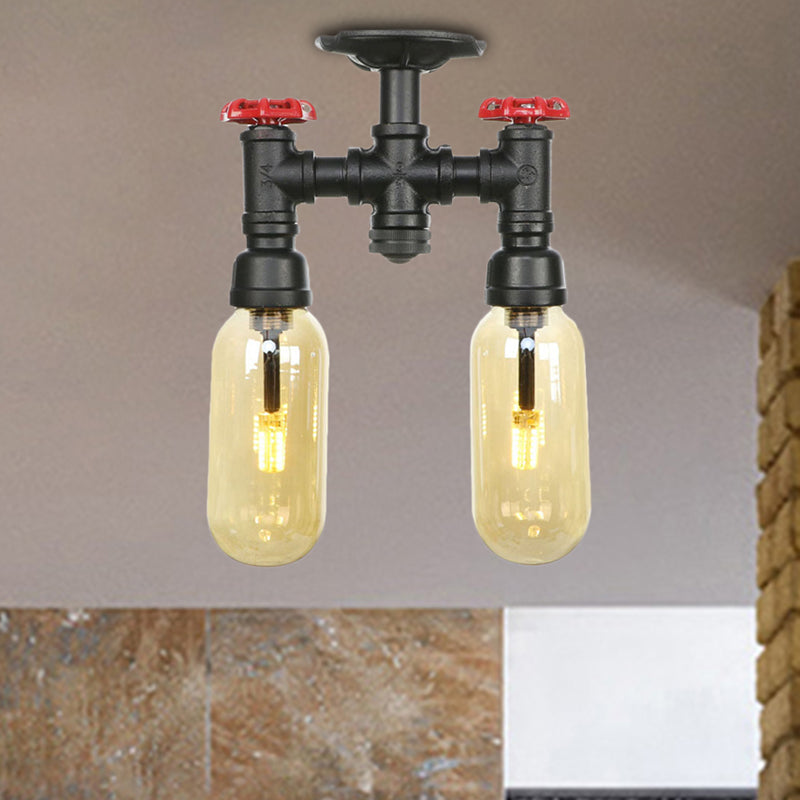 2-Bulb Ceiling Lighting Industrial Capsule Amber Glass Semi Flush Mount Light in Matte Black with Pipe Design Clearhalo 'Ceiling Lights' 'Close To Ceiling Lights' 'Close to ceiling' 'Semi-flushmount' Lighting' 207129