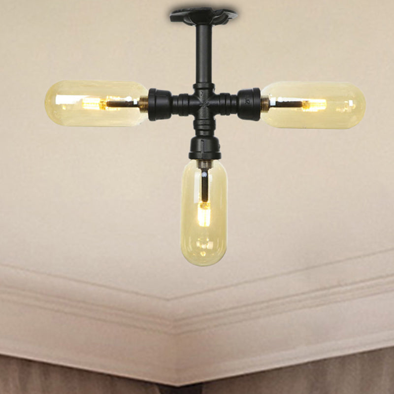 Matte Black Ceiling Lighting Vintage Amber Glass 3/4 Light Oval Shade Semi Flush Light with Pipe Design Black D Clearhalo 'Ceiling Lights' 'Close To Ceiling Lights' 'Close to ceiling' 'Semi-flushmount' Lighting' 207135