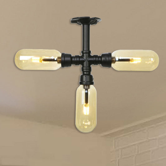 Matte Black Ceiling Lighting Vintage Amber Glass 3/4 Light Oval Shade Semi Flush Light with Pipe Design Clearhalo 'Ceiling Lights' 'Close To Ceiling Lights' 'Close to ceiling' 'Semi-flushmount' Lighting' 207136