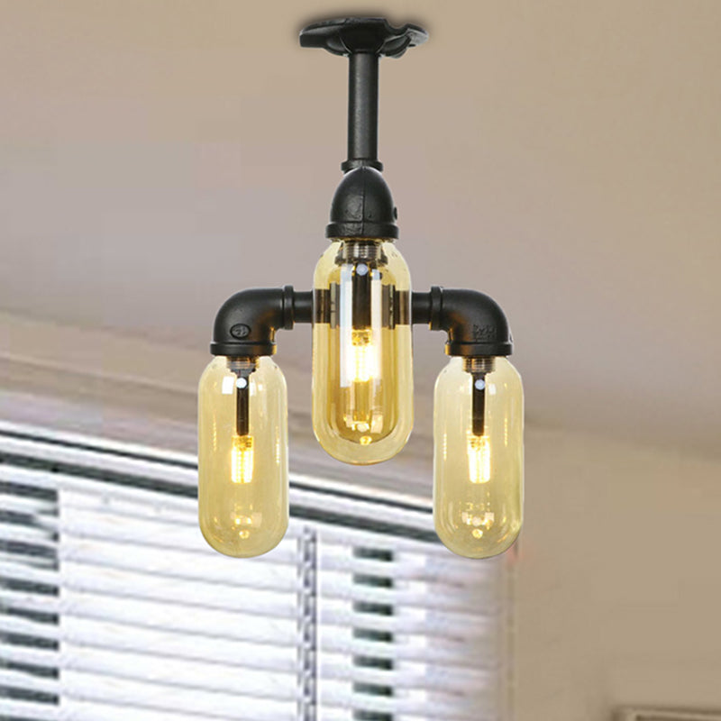 Matte Black Ceiling Lighting Vintage Amber Glass 3/4 Light Oval Shade Semi Flush Light with Pipe Design Black A Clearhalo 'Ceiling Lights' 'Close To Ceiling Lights' 'Close to ceiling' 'Semi-flushmount' Lighting' 207137