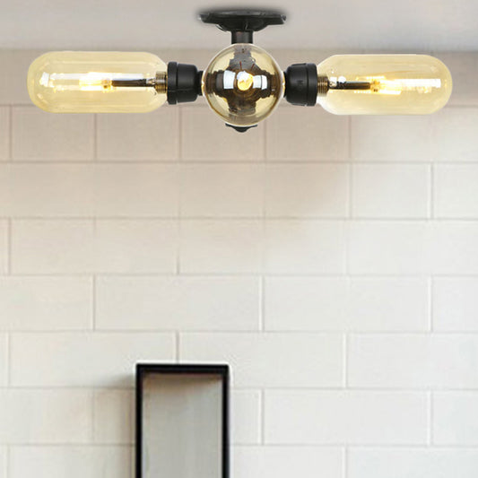 Matte Black Ceiling Lighting Vintage Amber Glass 3/4 Light Oval Shade Semi Flush Light with Pipe Design Clearhalo 'Ceiling Lights' 'Close To Ceiling Lights' 'Close to ceiling' 'Semi-flushmount' Lighting' 207138