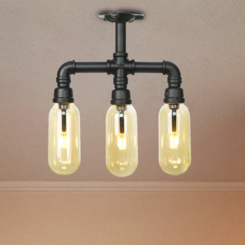 Matte Black Ceiling Lighting Vintage Amber Glass 3/4 Light Oval Shade Semi Flush Light with Pipe Design Clearhalo 'Ceiling Lights' 'Close To Ceiling Lights' 'Close to ceiling' 'Semi-flushmount' Lighting' 207139