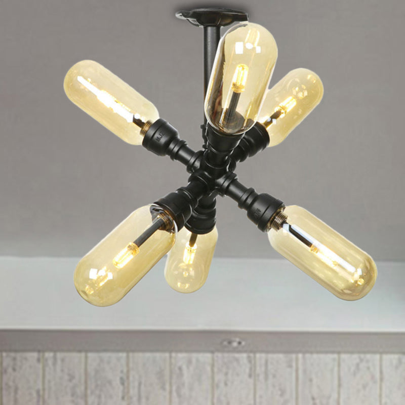 Amber Glass Ceiling Light Fixture Capsule Shade 4/5/6 Light Rustic Kitchen Semi Flush in Matte Black with Pipe Design Black A Clearhalo 'Ceiling Lights' 'Close To Ceiling Lights' 'Close to ceiling' 'Semi-flushmount' Lighting' 207168