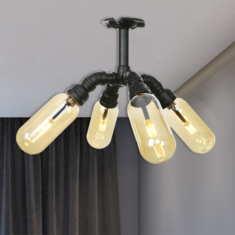 Amber Glass Ceiling Light Fixture Capsule Shade 4/5/6 Light Rustic Kitchen Semi Flush in Matte Black with Pipe Design Clearhalo 'Ceiling Lights' 'Close To Ceiling Lights' 'Close to ceiling' 'Semi-flushmount' Lighting' 207169