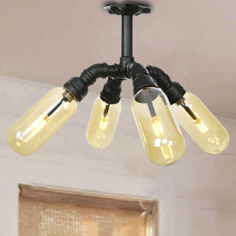 Amber Glass Ceiling Light Fixture Capsule Shade 4/5/6 Light Rustic Kitchen Semi Flush in Matte Black with Pipe Design Black B Clearhalo 'Ceiling Lights' 'Close To Ceiling Lights' 'Close to ceiling' 'Semi-flushmount' Lighting' 207170