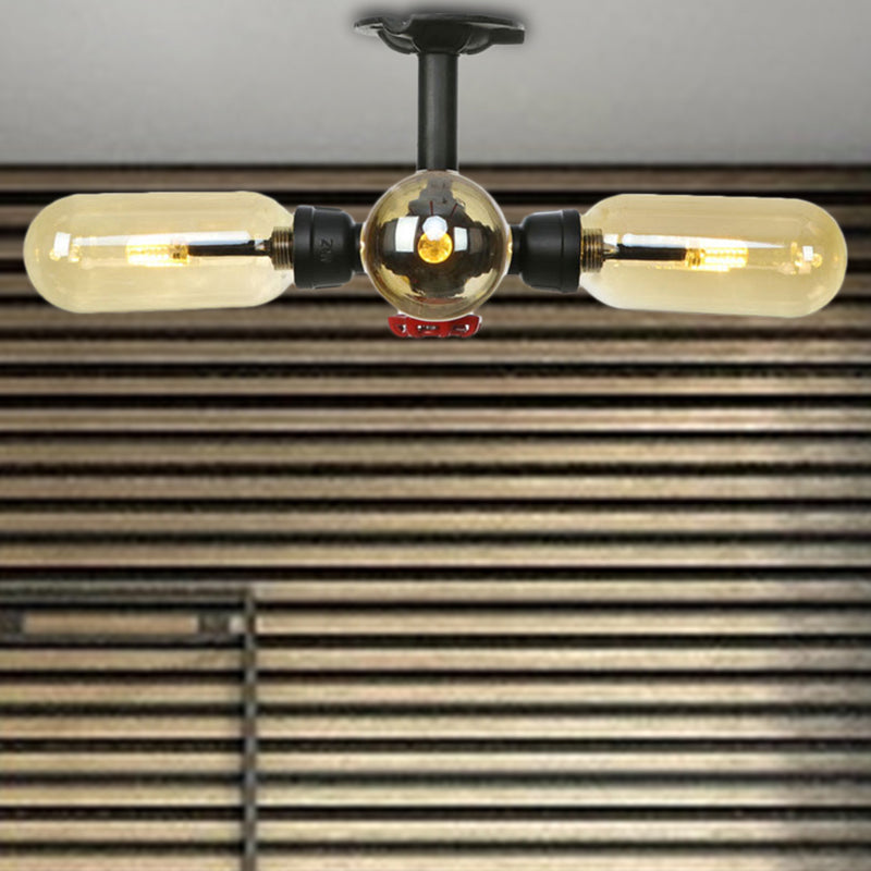 Amber Glass Ceiling Light Fixture Capsule Shade 4/5/6 Light Rustic Kitchen Semi Flush in Matte Black with Pipe Design Black C Clearhalo 'Ceiling Lights' 'Close To Ceiling Lights' 'Close to ceiling' 'Semi-flushmount' Lighting' 207171