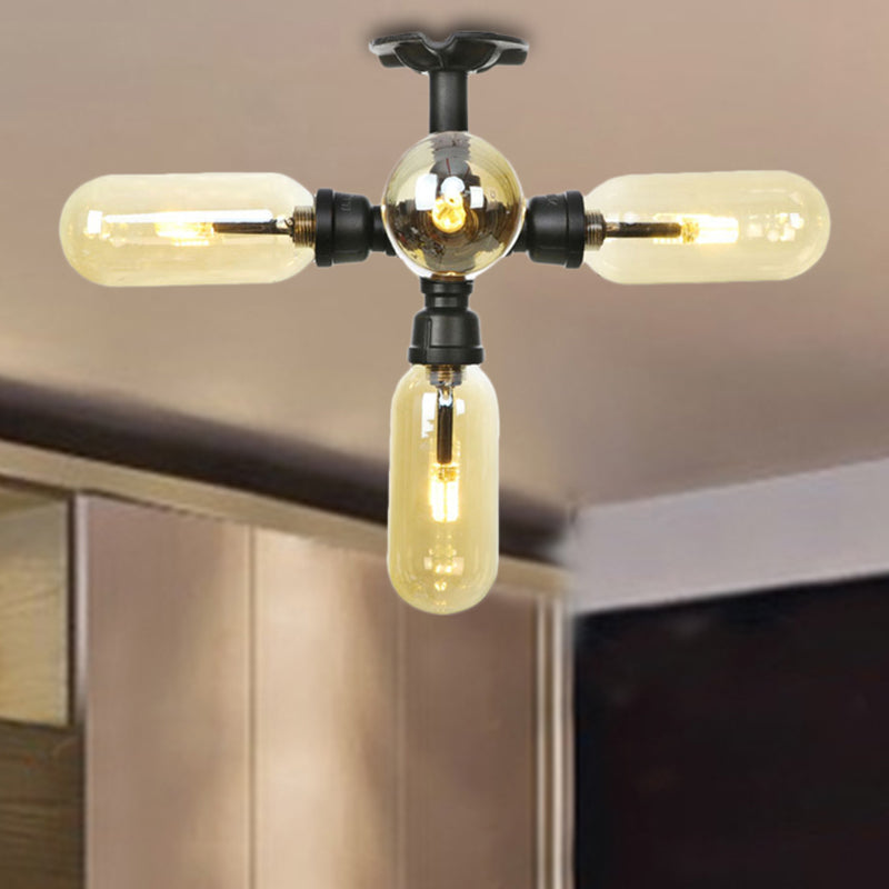 Amber Glass Ceiling Light Fixture Capsule Shade 4/5/6 Light Rustic Kitchen Semi Flush in Matte Black with Pipe Design Black D Clearhalo 'Ceiling Lights' 'Close To Ceiling Lights' 'Close to ceiling' 'Semi-flushmount' Lighting' 207172