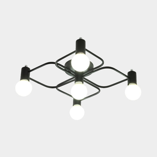 Diamond/Rectangular Semi Flush Mount Light Contemporary Metal 5/7/9 Lights White/Black Led Semi Mount Lamp with Milk Glass Bare Bulb Shade Clearhalo 'Ceiling Lights' 'Close To Ceiling Lights' 'Close to ceiling' 'Semi-flushmount' Lighting' 207184