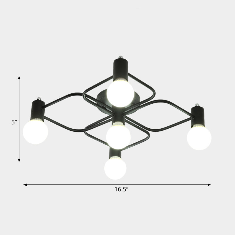 Diamond/Rectangular Semi Flush Mount Light Contemporary Metal 5/7/9 Lights White/Black Led Semi Mount Lamp with Milk Glass Bare Bulb Shade Clearhalo 'Ceiling Lights' 'Close To Ceiling Lights' 'Close to ceiling' 'Semi-flushmount' Lighting' 207185