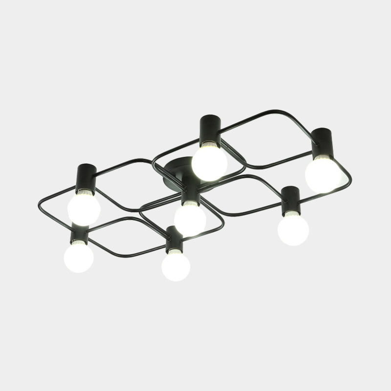 Diamond/Rectangular Semi Flush Mount Light Contemporary Metal 5/7/9 Lights White/Black Led Semi Mount Lamp with Milk Glass Bare Bulb Shade Clearhalo 'Ceiling Lights' 'Close To Ceiling Lights' 'Close to ceiling' 'Semi-flushmount' Lighting' 207188