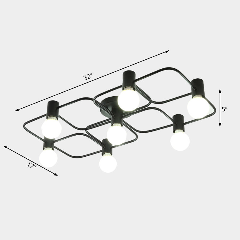 Diamond/Rectangular Semi Flush Mount Light Contemporary Metal 5/7/9 Lights White/Black Led Semi Mount Lamp with Milk Glass Bare Bulb Shade Clearhalo 'Ceiling Lights' 'Close To Ceiling Lights' 'Close to ceiling' 'Semi-flushmount' Lighting' 207189