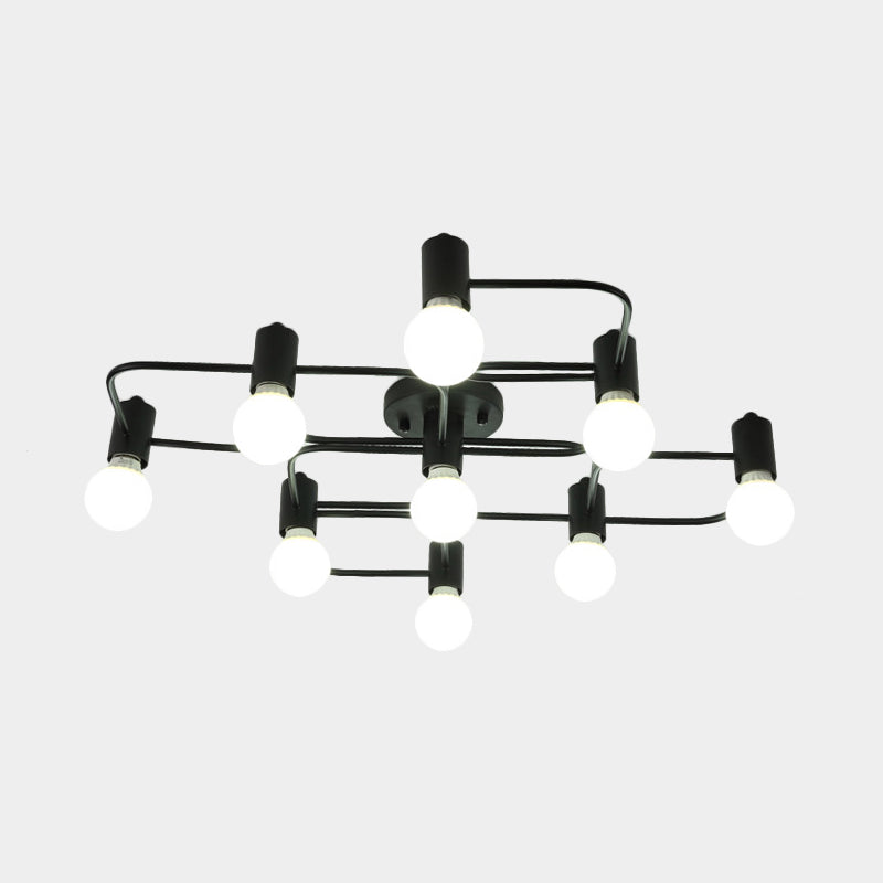 Diamond/Rectangular Semi Flush Mount Light Contemporary Metal 5/7/9 Lights White/Black Led Semi Mount Lamp with Milk Glass Bare Bulb Shade Clearhalo 'Ceiling Lights' 'Close To Ceiling Lights' 'Close to ceiling' 'Semi-flushmount' Lighting' 207192