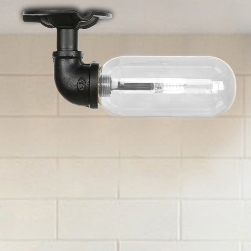 1 Light Ceiling Mounted Fixture Oval Shade Clear Glass Industrial Indoor Semi Flush Mount in Black with Pipe Design Black B Clearhalo 'Ceiling Lights' 'Close To Ceiling Lights' 'Close to ceiling' 'Semi-flushmount' Lighting' 207194