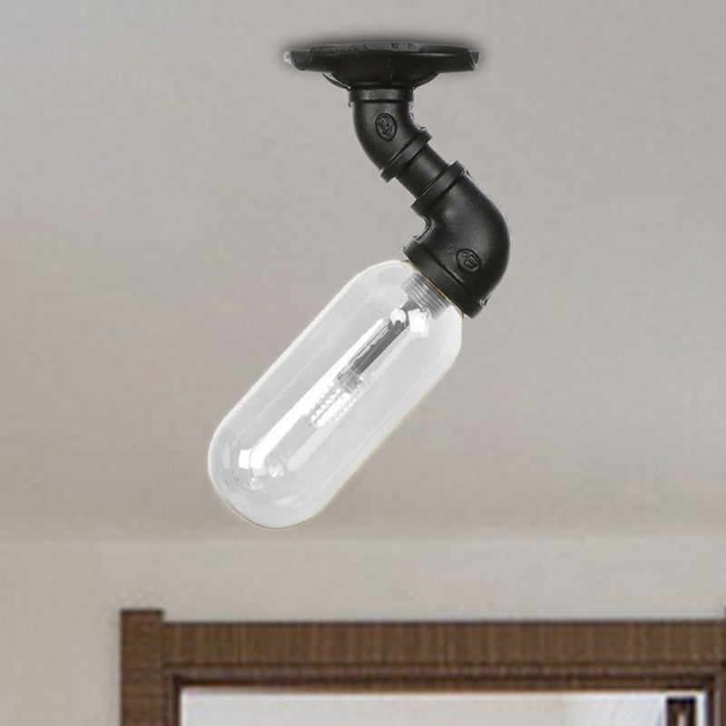 1 Light Ceiling Mounted Fixture Oval Shade Clear Glass Industrial Indoor Semi Flush Mount in Black with Pipe Design Black C Clearhalo 'Ceiling Lights' 'Close To Ceiling Lights' 'Close to ceiling' 'Semi-flushmount' Lighting' 207195