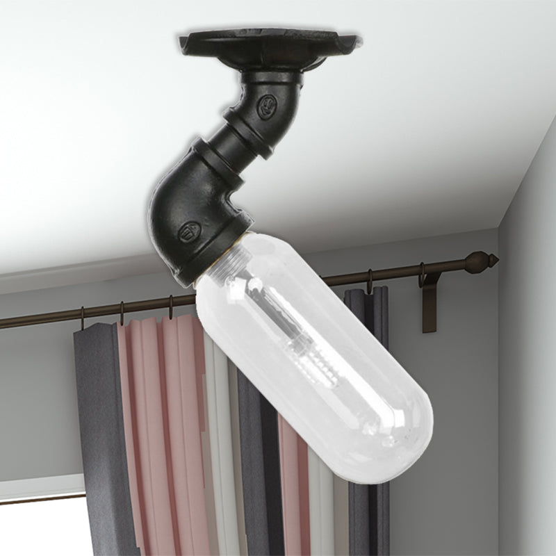 1 Light Ceiling Mounted Fixture Oval Shade Clear Glass Industrial Indoor Semi Flush Mount in Black with Pipe Design Clearhalo 'Ceiling Lights' 'Close To Ceiling Lights' 'Close to ceiling' 'Semi-flushmount' Lighting' 207196