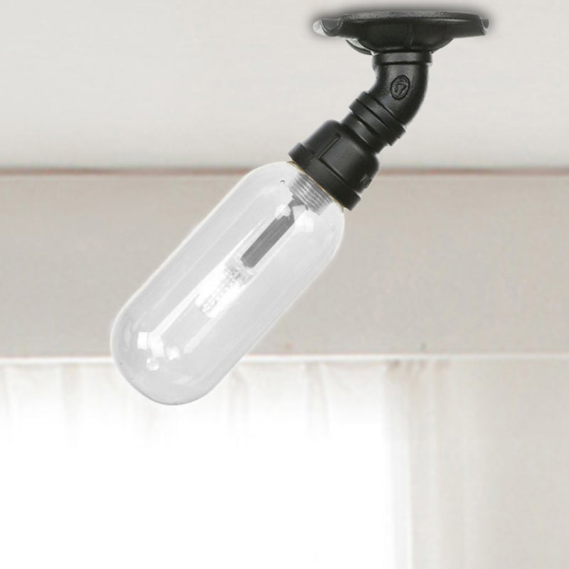 1 Light Ceiling Mounted Fixture Oval Shade Clear Glass Industrial Indoor Semi Flush Mount in Black with Pipe Design Clearhalo 'Ceiling Lights' 'Close To Ceiling Lights' 'Close to ceiling' 'Semi-flushmount' Lighting' 207198