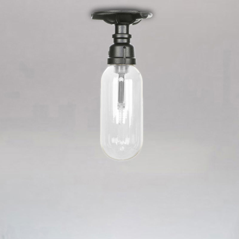 Capsule Corridor Semi Flush Light Industrial Clear Glass One Light Black Ceiling Lighting with Pipe Design Black C Clearhalo 'Ceiling Lights' 'Close To Ceiling Lights' 'Close to ceiling' 'Semi-flushmount' Lighting' 207239