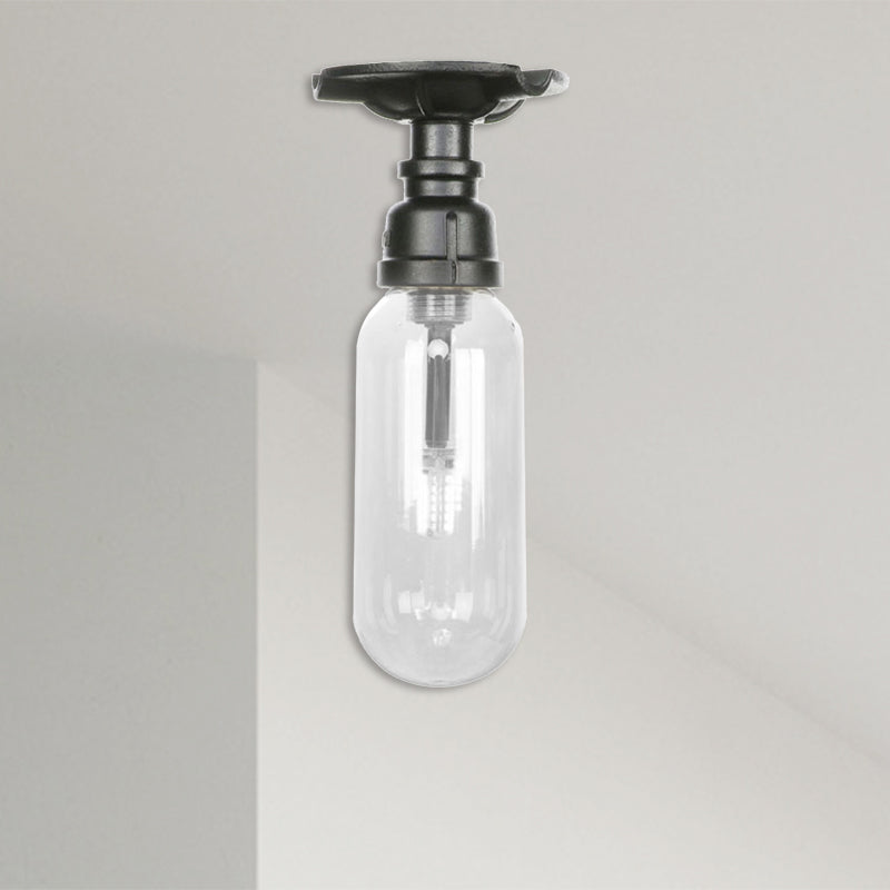 Capsule Corridor Semi Flush Light Industrial Clear Glass One Light Black Ceiling Lighting with Pipe Design Clearhalo 'Ceiling Lights' 'Close To Ceiling Lights' 'Close to ceiling' 'Semi-flushmount' Lighting' 207240