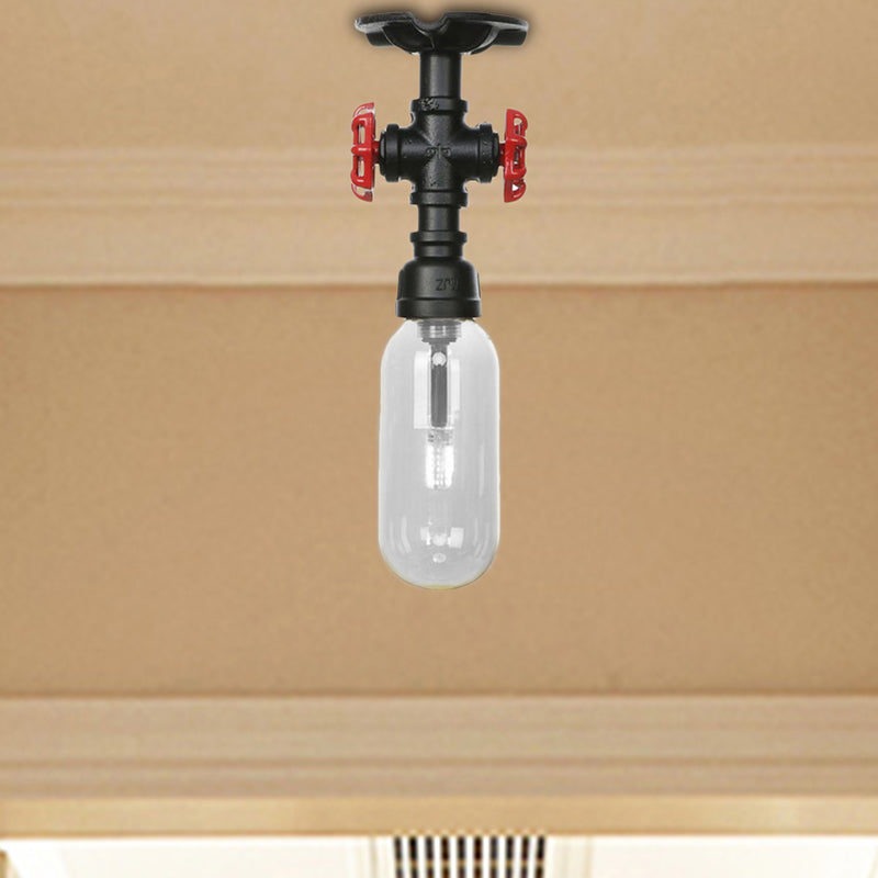 Capsule Corridor Semi Flush Light Industrial Clear Glass One Light Black Ceiling Lighting with Pipe Design Black A Clearhalo 'Ceiling Lights' 'Close To Ceiling Lights' 'Close to ceiling' 'Semi-flushmount' Lighting' 207241