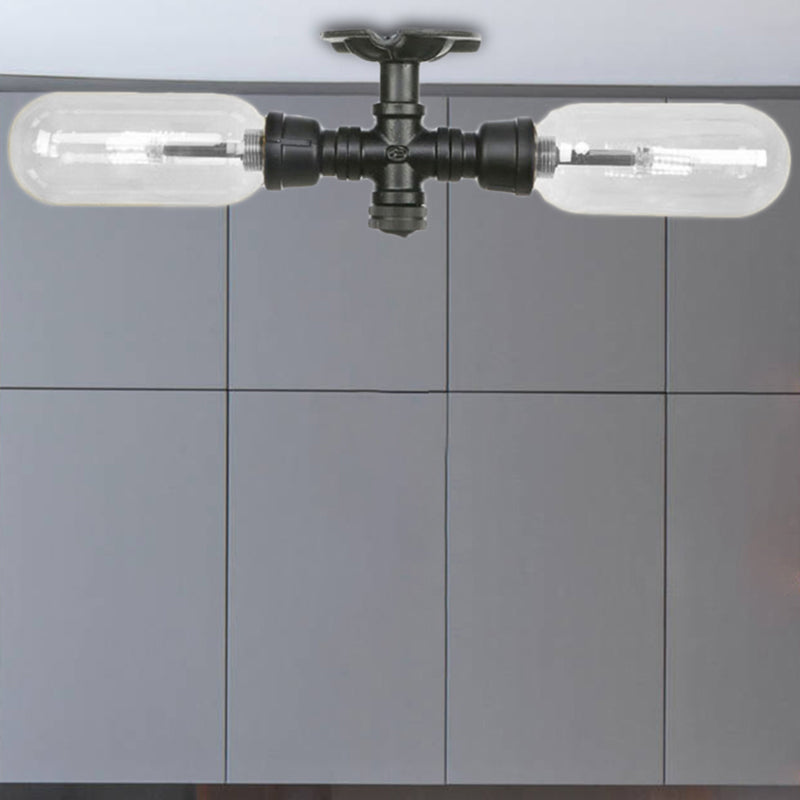 2-Light Clear Glass Semi Mount Lighting Vintage Matte Black Capsule Shade Indoor Ceiling Light with Pipe Design Black A Clearhalo 'Ceiling Lights' 'Close To Ceiling Lights' 'Close to ceiling' 'Semi-flushmount' Lighting' 207254