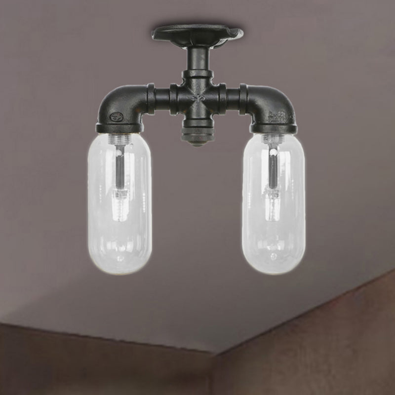 2-Light Clear Glass Semi Mount Lighting Vintage Matte Black Capsule Shade Indoor Ceiling Light with Pipe Design Clearhalo 'Ceiling Lights' 'Close To Ceiling Lights' 'Close to ceiling' 'Semi-flushmount' Lighting' 207257