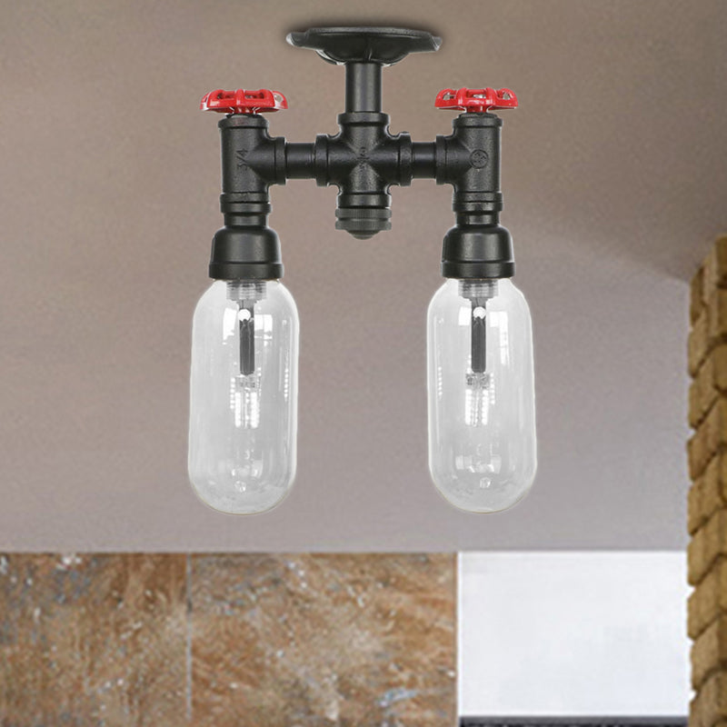 2-Light Clear Glass Semi Mount Lighting Vintage Matte Black Capsule Shade Indoor Ceiling Light with Pipe Design Black C Clearhalo 'Ceiling Lights' 'Close To Ceiling Lights' 'Close to ceiling' 'Semi-flushmount' Lighting' 207258