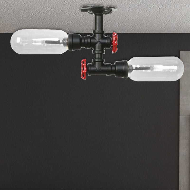 Matte Black Capsule Shade Semi Flush Light Rustic Clear Glass 2-Light Living Room Ceiling Lighting Fixture with Pipe Design Black A Clearhalo 'Ceiling Lights' 'Close To Ceiling Lights' 'Close to ceiling' 'Semi-flushmount' Lighting' 207268