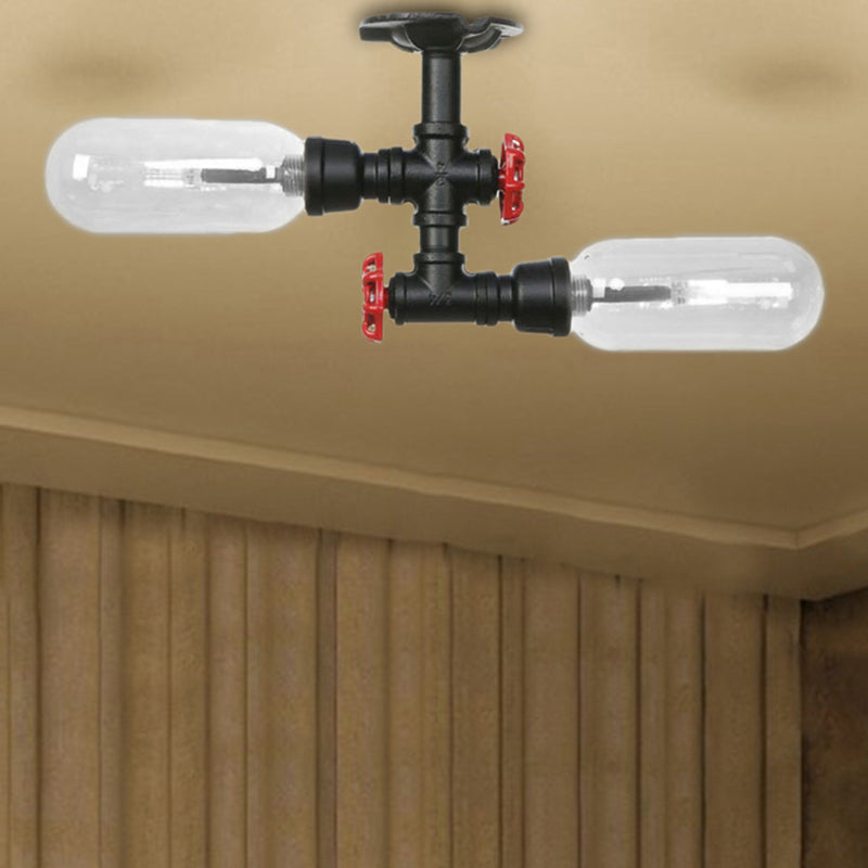 Matte Black Capsule Shade Semi Flush Light Rustic Clear Glass 2-Light Living Room Ceiling Lighting Fixture with Pipe Design Clearhalo 'Ceiling Lights' 'Close To Ceiling Lights' 'Close to ceiling' 'Semi-flushmount' Lighting' 207269