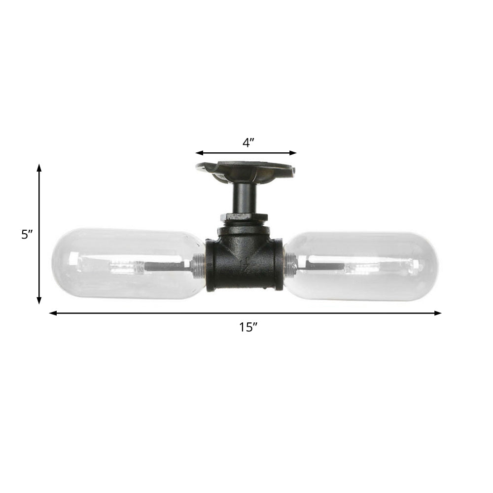 Matte Black Capsule Shade Semi Flush Light Rustic Clear Glass 2-Light Living Room Ceiling Lighting Fixture with Pipe Design Clearhalo 'Ceiling Lights' 'Close To Ceiling Lights' 'Close to ceiling' 'Semi-flushmount' Lighting' 207275