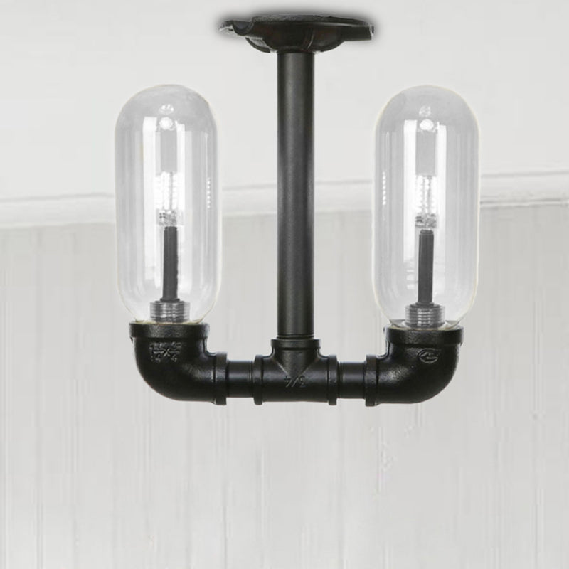 Matte Black Capsule Shade Semi Flush Light Rustic Clear Glass 2-Light Living Room Ceiling Lighting Fixture with Pipe Design Clearhalo 'Ceiling Lights' 'Close To Ceiling Lights' 'Close to ceiling' 'Semi-flushmount' Lighting' 207277