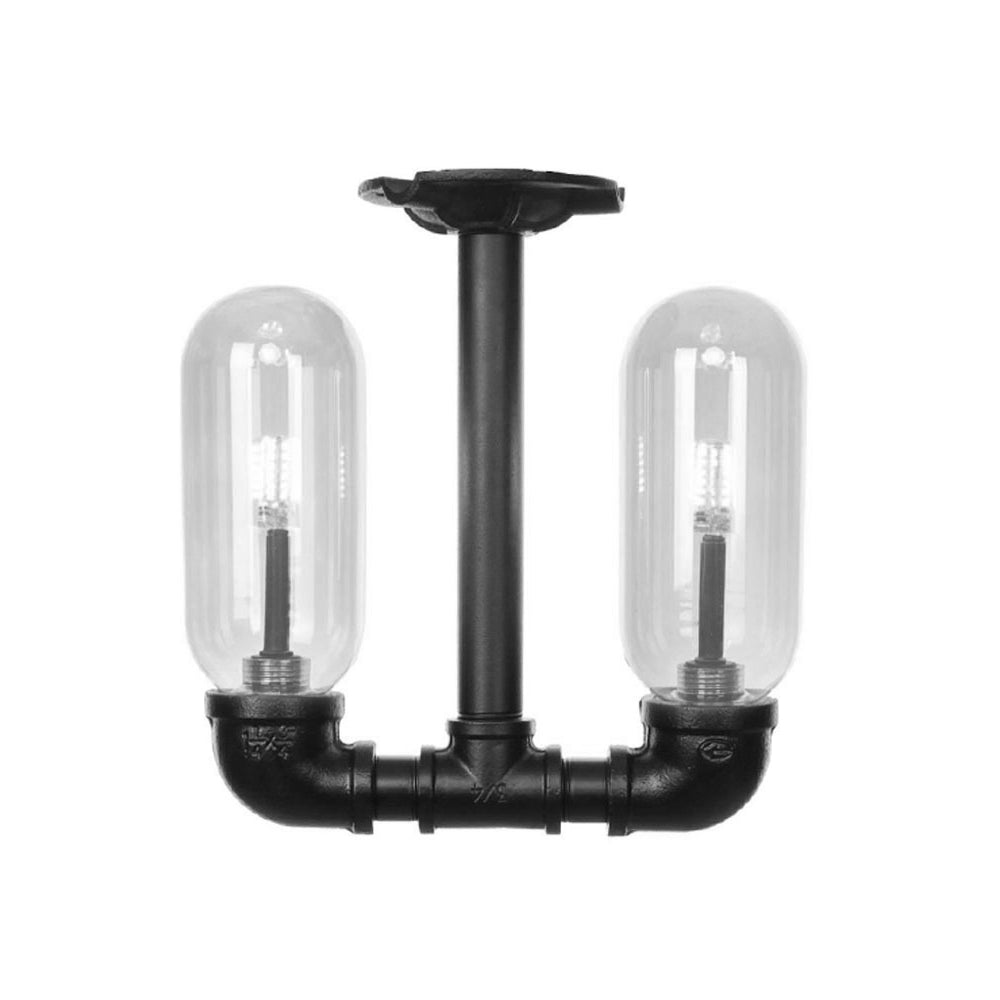 Matte Black Capsule Shade Semi Flush Light Rustic Clear Glass 2-Light Living Room Ceiling Lighting Fixture with Pipe Design Clearhalo 'Ceiling Lights' 'Close To Ceiling Lights' 'Close to ceiling' 'Semi-flushmount' Lighting' 207278