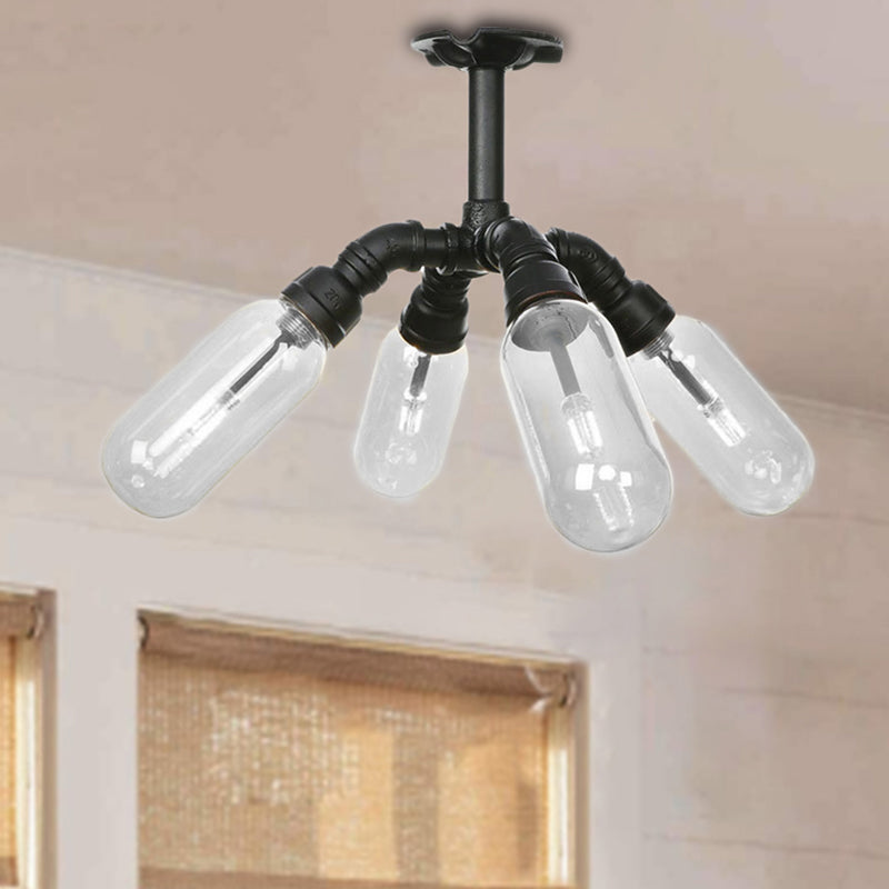 Black Sconce Light Industrial Metal 4/5/6 Light Capsule Shade Wall Lighting Fixture for Living Room with Pipe Design Clearhalo 'Ceiling Lights' 'Close To Ceiling Lights' 'Close to ceiling' 'Semi-flushmount' Lighting' 207292