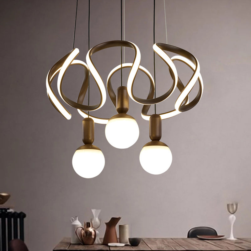 Globe Chandelier Light Modern Opal Glass 3 Lights Coffee Hanging Light with Abstract Acrylic Decoration Coffee Clearhalo 'Ceiling Lights' 'Chandeliers' 'Modern Chandeliers' 'Modern' Lighting' 207368