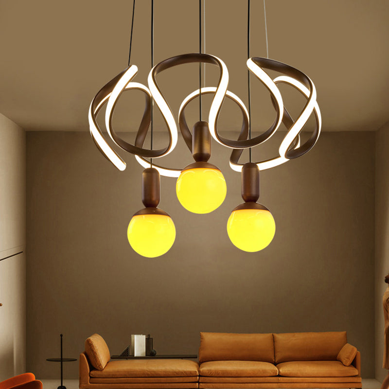 Globe Chandelier Light Modern Opal Glass 3 Lights Coffee Hanging Light with Abstract Acrylic Decoration Clearhalo 'Ceiling Lights' 'Chandeliers' 'Modern Chandeliers' 'Modern' Lighting' 207369