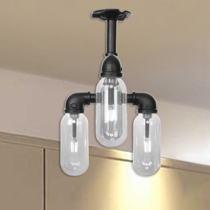 Capsule Semi Flush Light Vintage Style 3/4 Light Matte Black Clear Glass Lighting Fixture with Pipe Design Black D Clearhalo 'Ceiling Lights' 'Close To Ceiling Lights' 'Close to ceiling' 'Semi-flushmount' Lighting' 207592