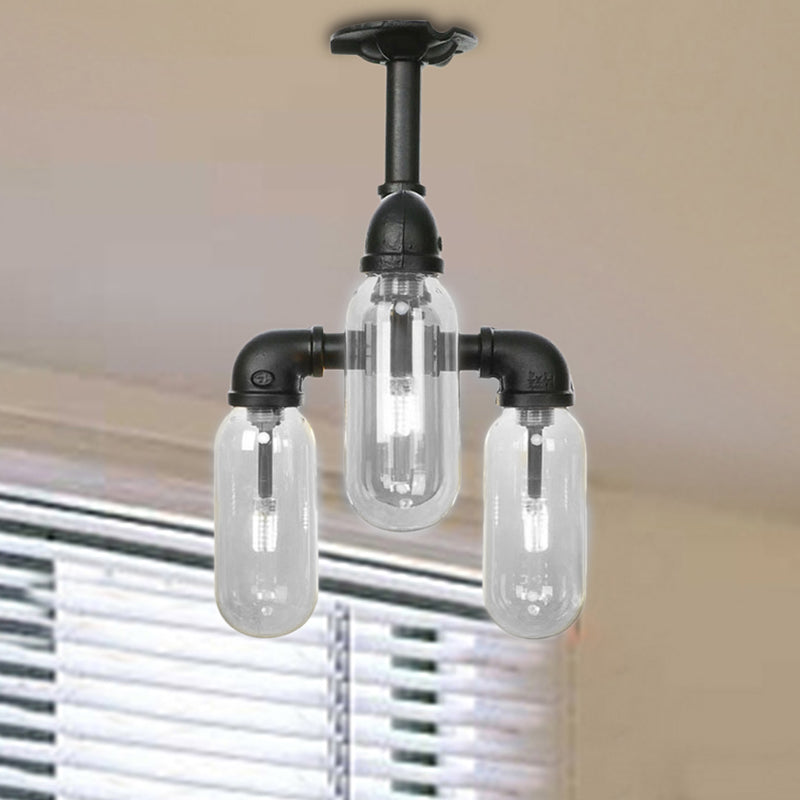 Capsule Semi Flush Light Vintage Style 3/4 Light Matte Black Clear Glass Lighting Fixture with Pipe Design Clearhalo 'Ceiling Lights' 'Close To Ceiling Lights' 'Close to ceiling' 'Semi-flushmount' Lighting' 207593